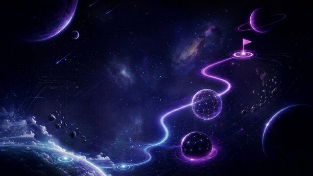 Cosmic Journey Roadmap with Glowing Spheres on Space Galaxy Background