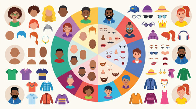 Avatar creator set with faces hairstyles emotions accessories and clothing character customization flat vector illustration