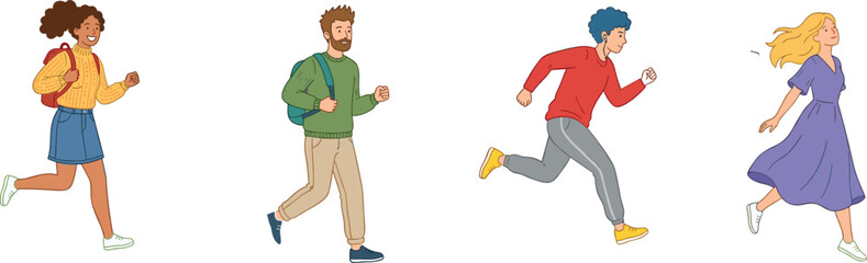 Fototapeta premium Young people running and walking characters isolated on white background, active lifestyle and casual fashion illustration collection