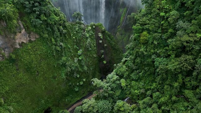 Aerial Drone Footage of Tropical Canyon Waterfall &ndash; Tumpak Sewu Java Island Indonesia