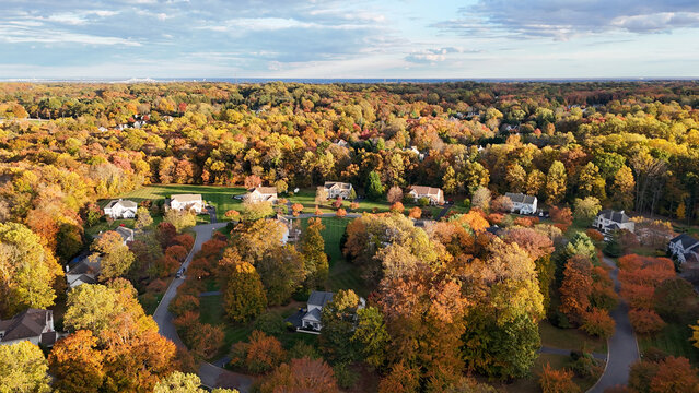 Aerial view of colorful autumn neighborhood in Garnet Valley, Pennsylvania suburb near Philadelphia