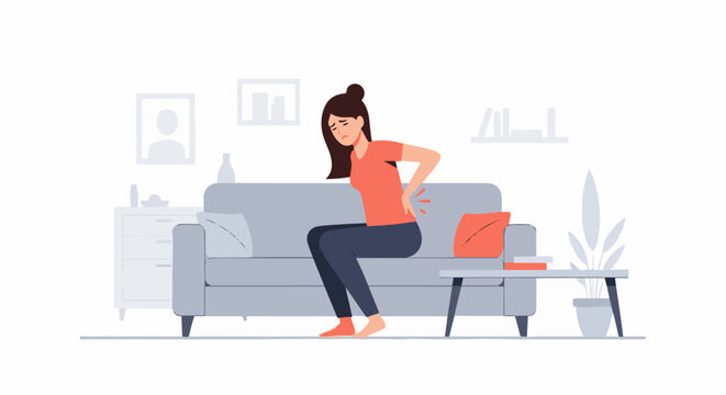 Woman experiencing back pain while sitting on couch in living room