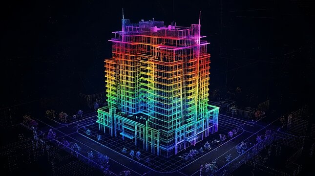 Abstract 3D scan of a building in rainbow colors with building architecture structure abstract rendering technology