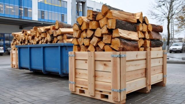 Firewood in wooden crates and blue skip bin