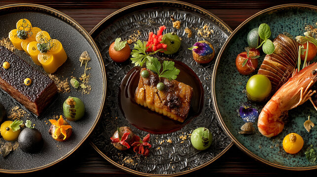 Overhead view of three gourmet main courses with steak seafood and artistic plating in restaurant