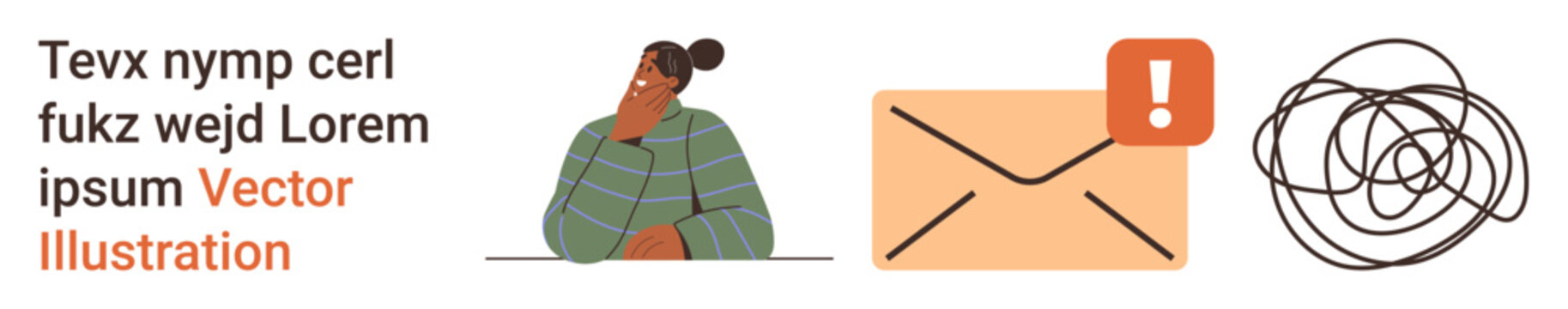 Critical thinking, communication, problem-solving, email notifications, decision-making, mental complexity. Person contemplating beside an envelope with an alert icon and chaotic lines. Communication