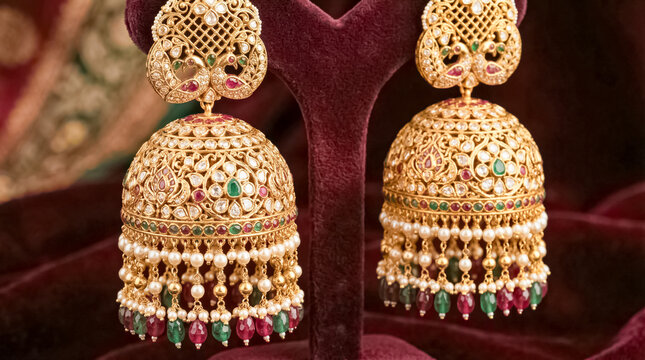 Exquisite traditional gold jhumka earrings with diamonds, rubies, emeralds, and pearls on display.