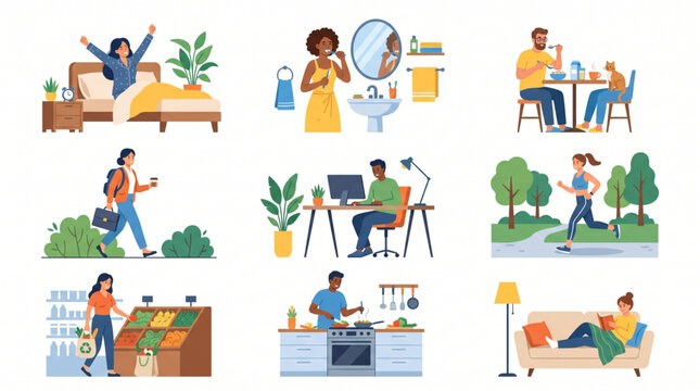 Daily routine activities set, people waking up, working, exercising, cooking and relaxing flat vector illustration
