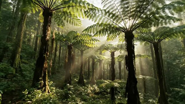 Tropical tree ferns in a lush green forest light rays shining through the canopy