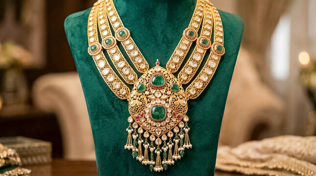 Luxurious traditional Indian gold necklace embellished with emeralds and shimmering polki stones