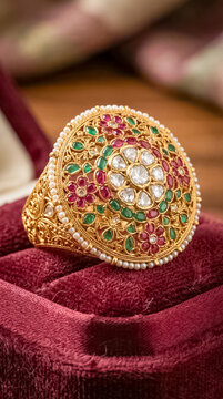 Opulent antique gold ring featuring intricate gemstones and pearls displayed on deep red velvet.