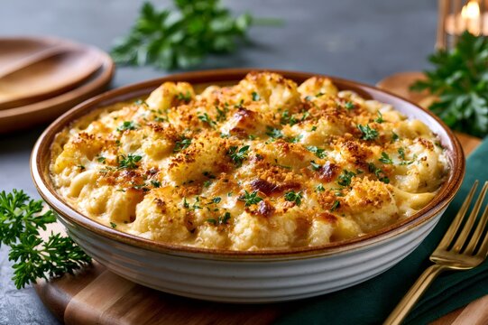 Cauliflower cheese gratin baking in rustic serving dish