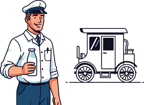 Friendly milkman in classic uniform delivering fresh bottled dairy, accompanied by traditional service vehicle
