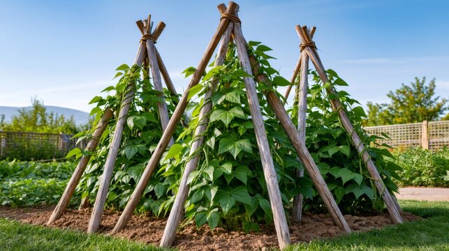 Climbing beans growing on wooden pole teepees in garden
