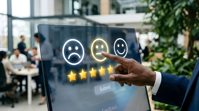 Customer feedback survey on tablet with rating icons and business office background