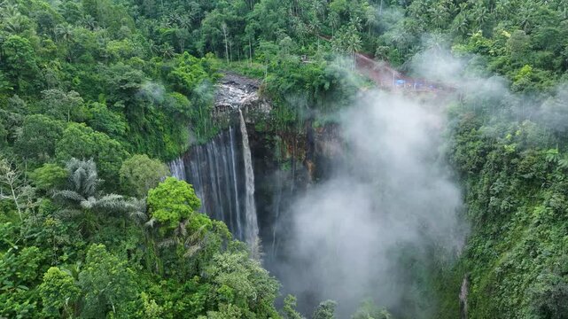 Drone View of Jungle Waterfall and Cliff Landscape | Java Island Indonesia