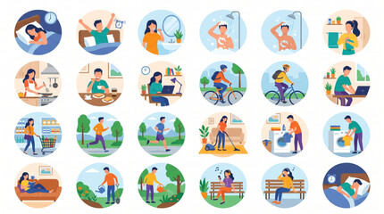 Fototapeta premium Daily routine activities icons set including sleeping eating working exercising cleaning flat vector illustration