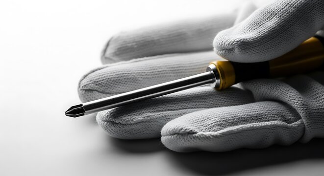 Gloved hand holding screwdriver on surface.