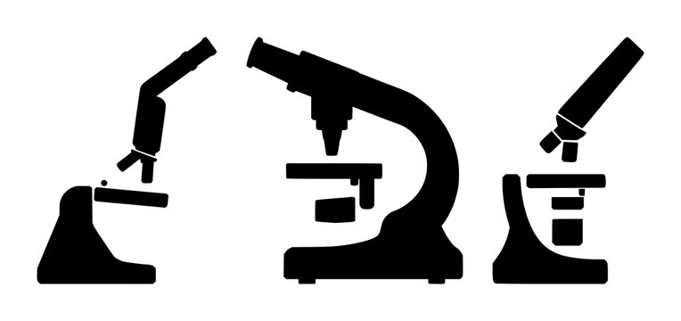 Microscope icon set with flat solid black outline on white background featuring microscopes, science, research with laboratory equipment and laboratory settings