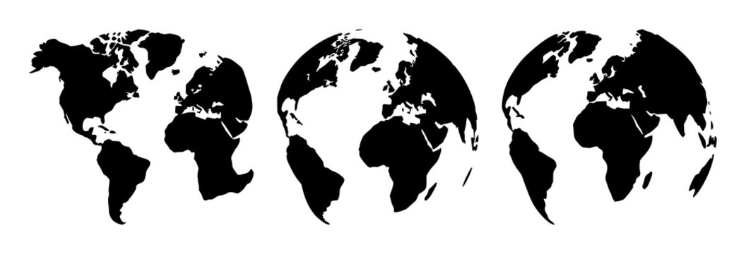Global business world set with solid black icon featuring earth, networks, communication with commerce and technology