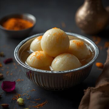 Rasagulla in Aluminium Bowl &ndash; Dramatic Indian Dessert Close-Up