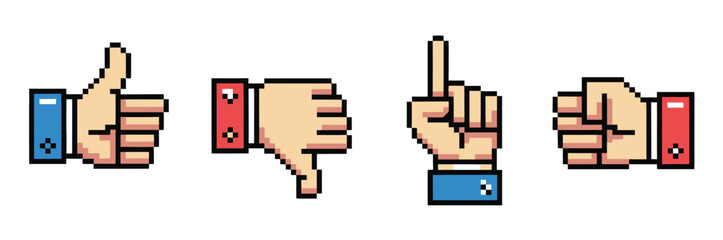 Hand Cursor Pixel Art Set with Gesture Icons, Thumb Up, Down, Stop, and Hit Symbols for 8 Bit Game Development and Mobile App Design. © LEECOO STUDIO