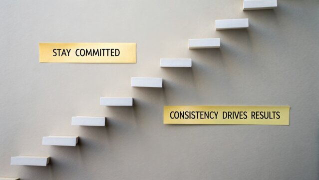 Motivational Wall Art on Staircase Depicting Stay Committed and Consistency Drives Results for Success in Personal and Professional Growth
