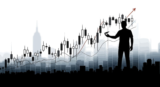 Trader analyzing bullish stock market growth chart with city skyline