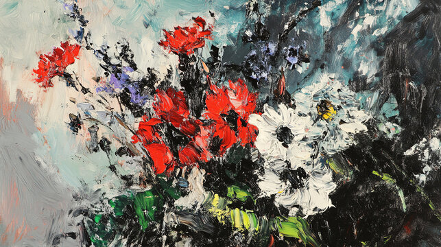 Gustave de Haem artwork flowers loose brushwork expressionist black red green blue oil on canvas thick paint palette knife blur high contrast dark gray and light colors white highlights floral bloom