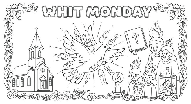 Whit Monday Coloring Page with Church and Dove Illustration