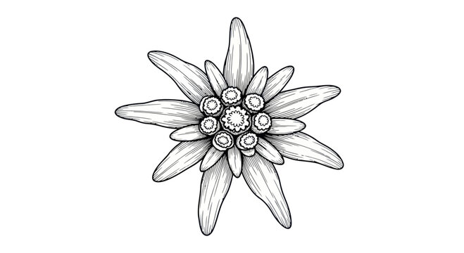 Edelweiss Flower Drawing, Black and White, Botanical Illustration, Alpine Flower
