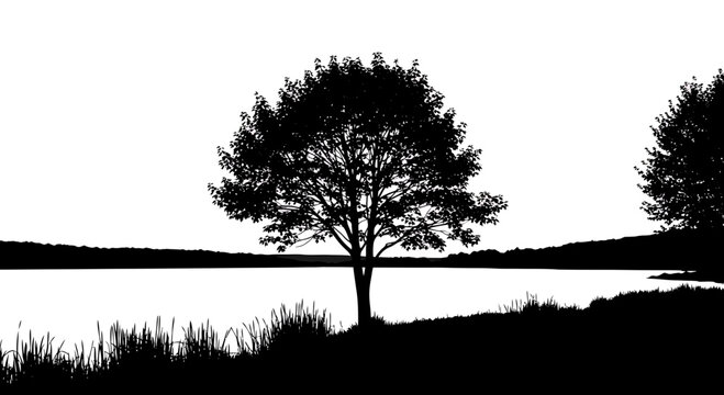 Lone tree silhouette by a calm lake with distant hills