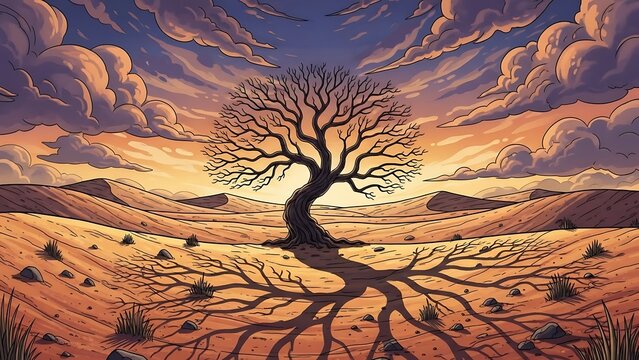 Tree with long roots in desert.