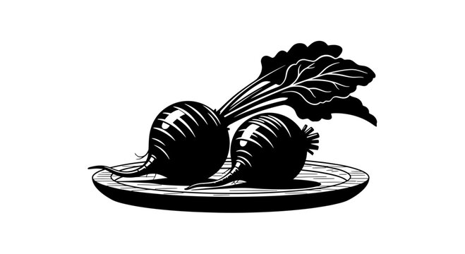Fresh beets with leafy tops on a circular plate woodcut style