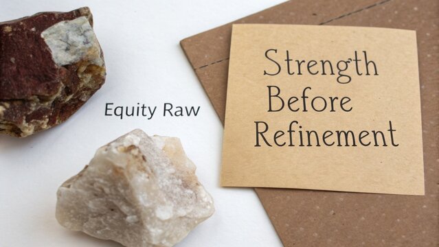 Raw stone composition featuring a motivational quote about strength and refinement showcasing nature's beauty and resilience in a stock image layout