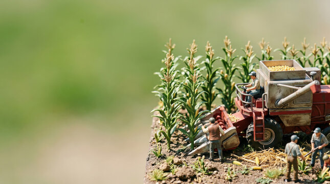 Farmers gather corn using a toy harvester in a field, created AI