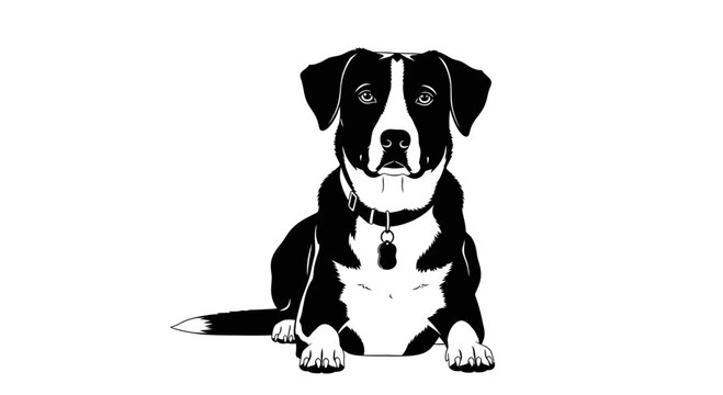 Loyal black and white pet dog with collar sitting down