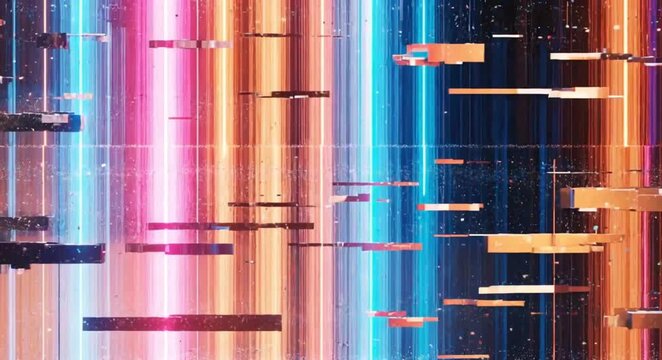 Vibrant digital blocks drifting through colorful vertical lines in a futuristic glitch art space.
