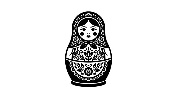 Black and white illustration of a traditional russian matryoshka doll with floral patterns