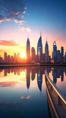 Obraz premium A serene cityscape at sunset with a calm body of water (82)