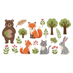 Naklejka premium Whimsical forest animals and foliage, featuring a bear, foxes, cat, and rabbit