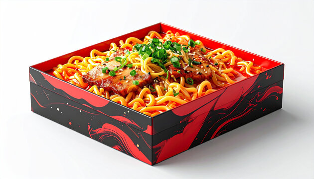 Flavorful ramen noodles with grilled pork and green onions in a red and black box