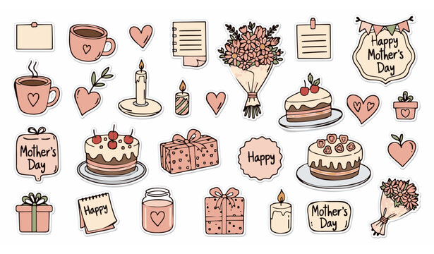 Mothers Day sticker sheet vector with mug flowers cake and gift hand drawn doodle illustrations isolated on white background