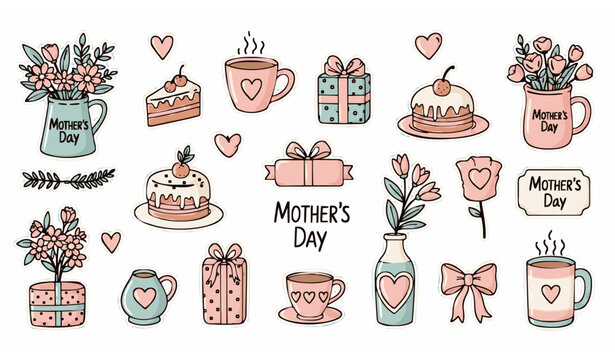 Hand drawn Mothers Day celebration sticker sheet vector with flowers cake mug and gift illustrations isolated on white background