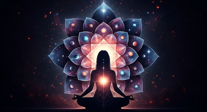 Meditating Woman with Glowing Heart Chakra and Cosmic Lotus.