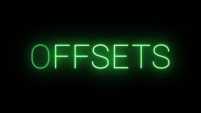 Flickering neon green glowing offsets sign animated black background.