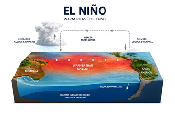 Obraz premium 3D Infographic Diagram of El Niño Southern Oscillation (ENSO) Climate Pattern in the Pacific Ocean