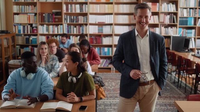 Portrait of smiling middle aged professor standing in university library and looking at camera with smile while multicultural students study together in background.