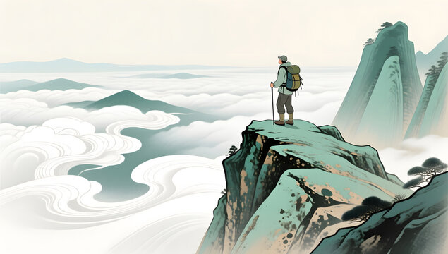 Hikers sumitting towering mountains overlooking the magnificent sea of clouds