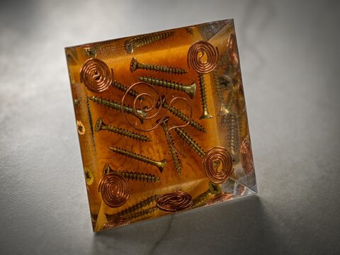 Handmade Unique Large Orgonite Pyramid with Copper Coil and Black Crystals, Powerful Energy Generator, Spiritual Healing Decor, Esoteric Resin Art Close Up